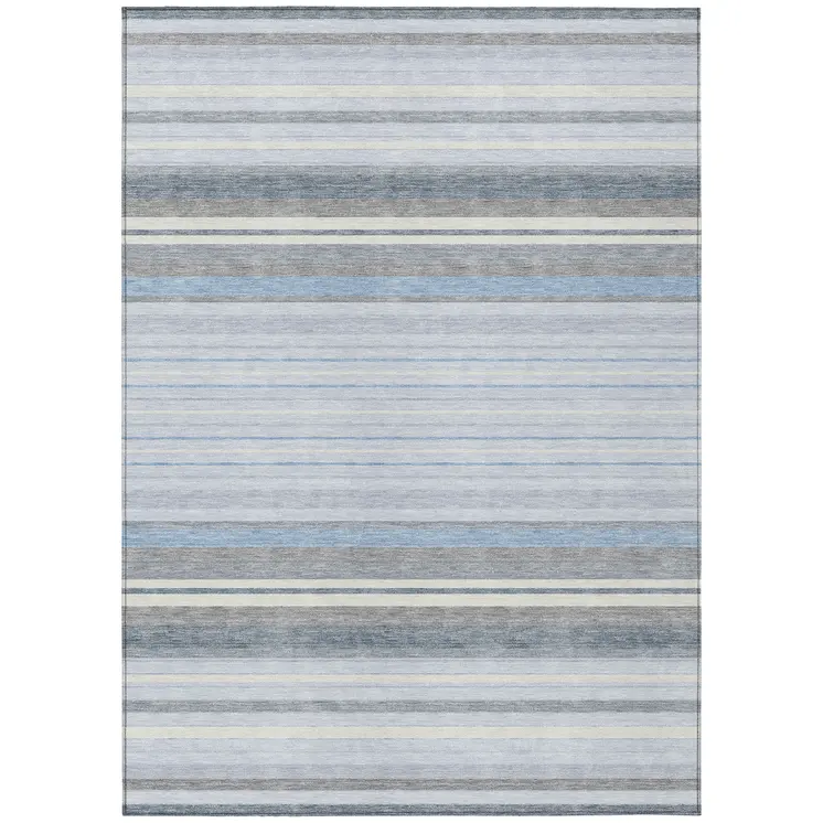 8' X 10' Sky Blue And Ivory Striped Washable Indoor Outdoor Area Rug