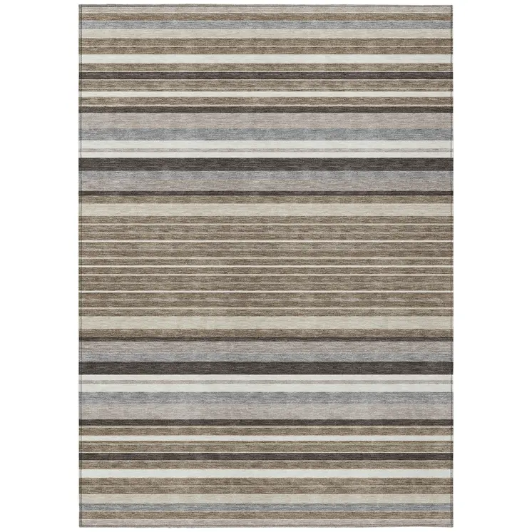 5' X 8' Taupe Ivory And Brown Striped Washable Indoor Outdoor Area Rug