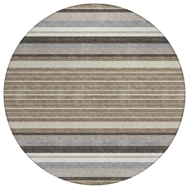 8' Taupe Ivory And Brown Round Striped Washable Indoor Outdoor Area Rug