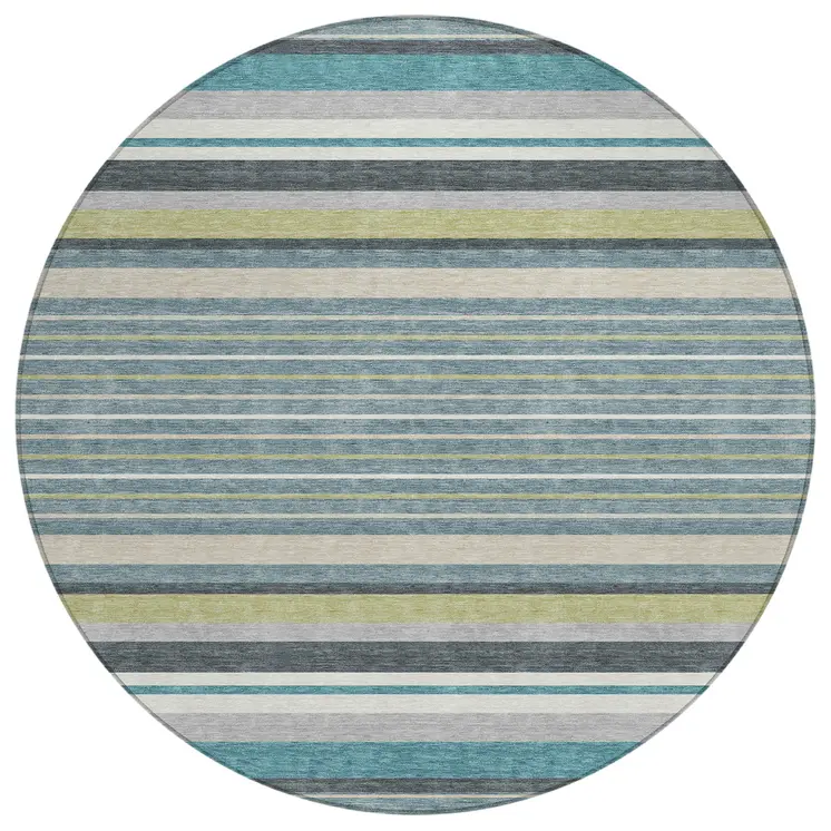8' Teal Blue Gray And Ivory Round Striped Washable Indoor Outdoor Area Rug