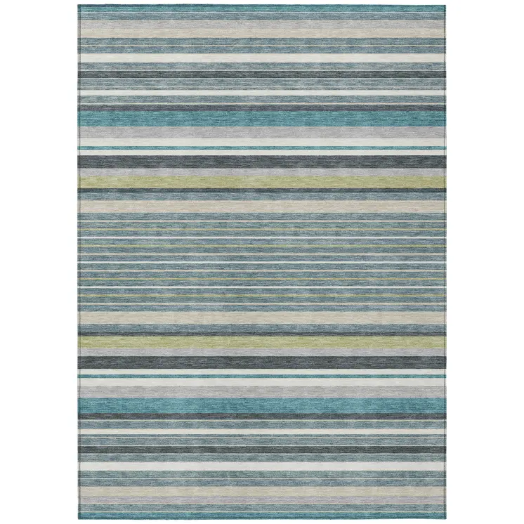 8' X 10' Teal Blue Gray And Ivory Striped Washable Indoor Outdoor Area Rug