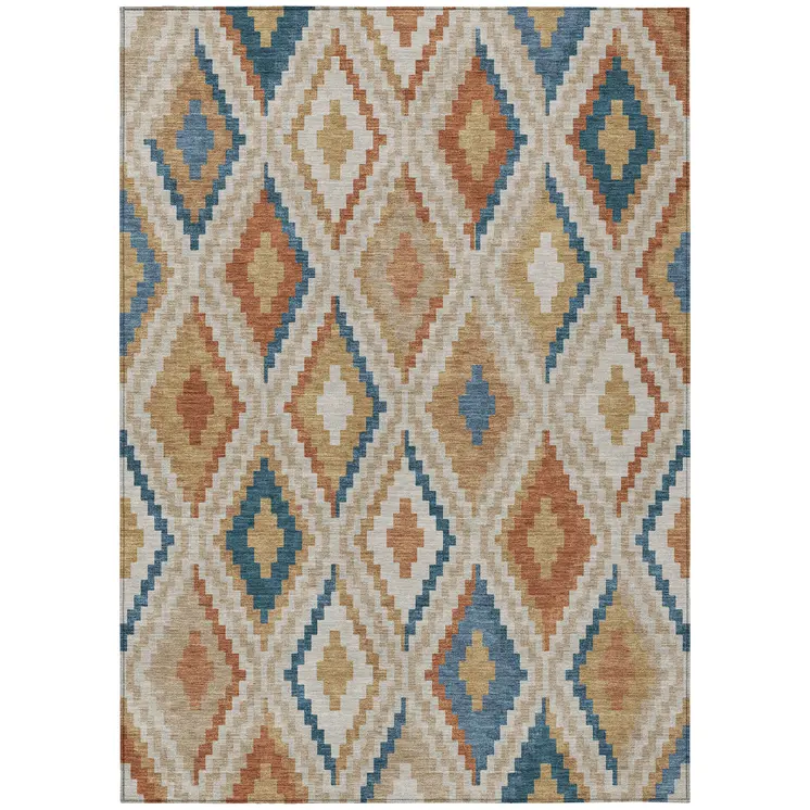 5' X 8' Beige Blue And Terra Cotta Geometric Washable Indoor Outdoor Area Rug