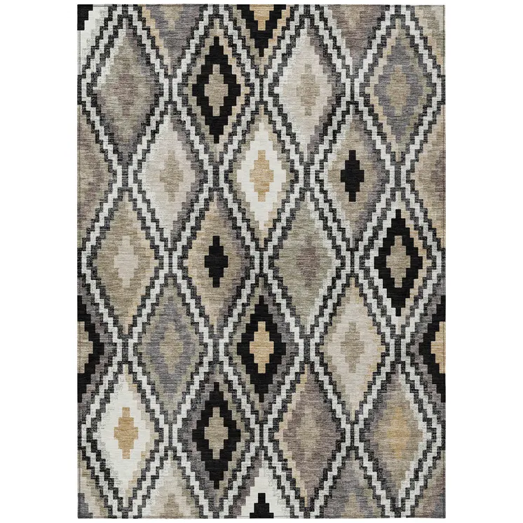 5' X 8' Black Ivory And Beige Geometric Washable Indoor Outdoor Area Rug