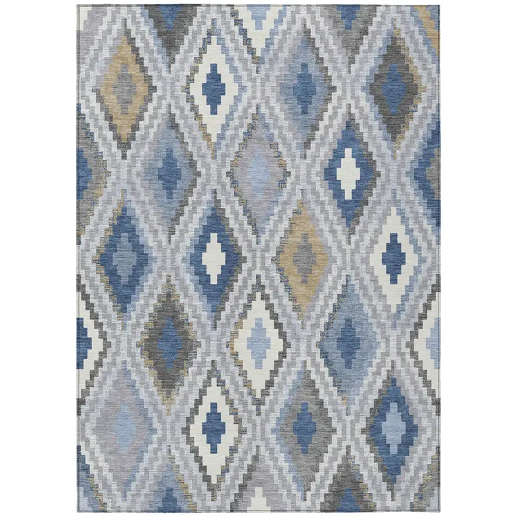 8' X 10' Denim Blue Gray And Ivory Geometric Washable Indoor Outdoor Area Rug
