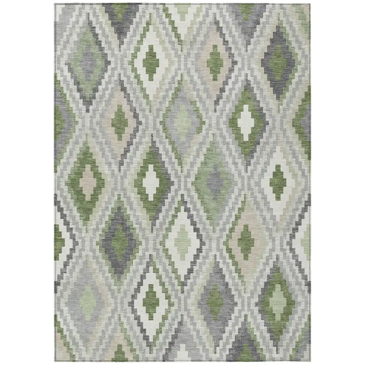 9' X 12' Fern Green Gray And Ivory Geometric Washable Indoor Outdoor Area Rug