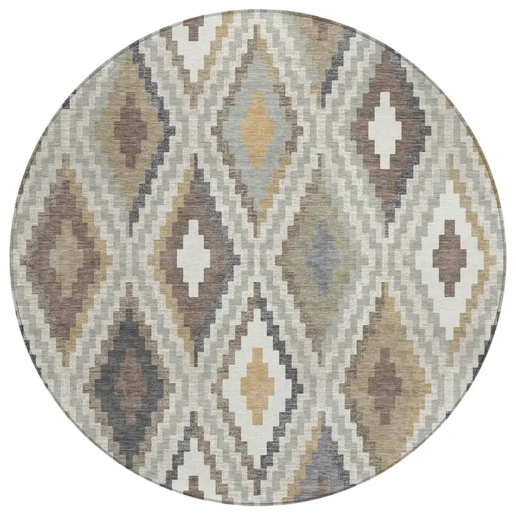 8' Taupe Gold And Ivory Round Geometric Washable Indoor Outdoor Area Rug