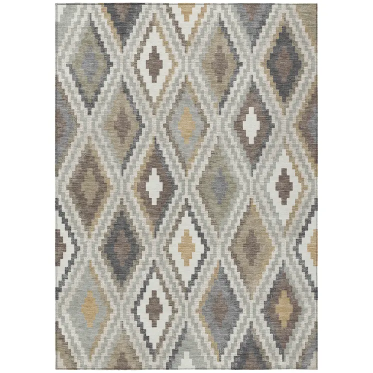 9' X 12' Taupe Gold And Ivory Geometric Washable Indoor Outdoor Area Rug