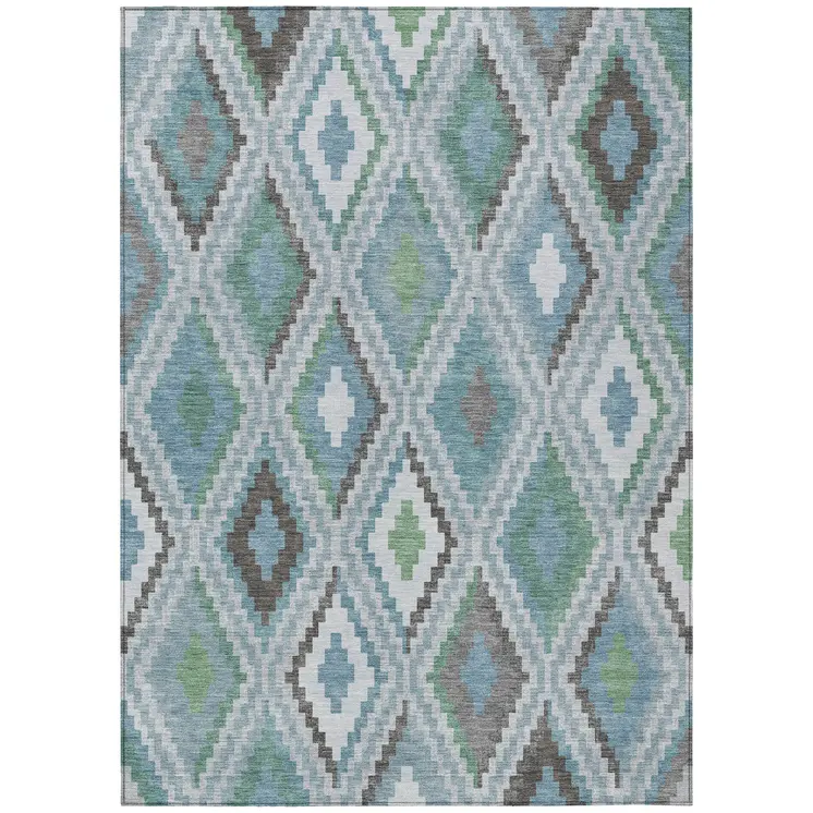 8' X 10' Teal Blue Ivory And Green Geometric Washable Indoor Outdoor Area Rug