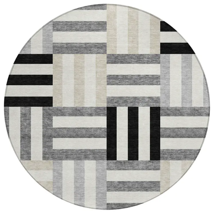 8' Black Beige And Ivory Round Geometric Washable Indoor Outdoor Area Rug