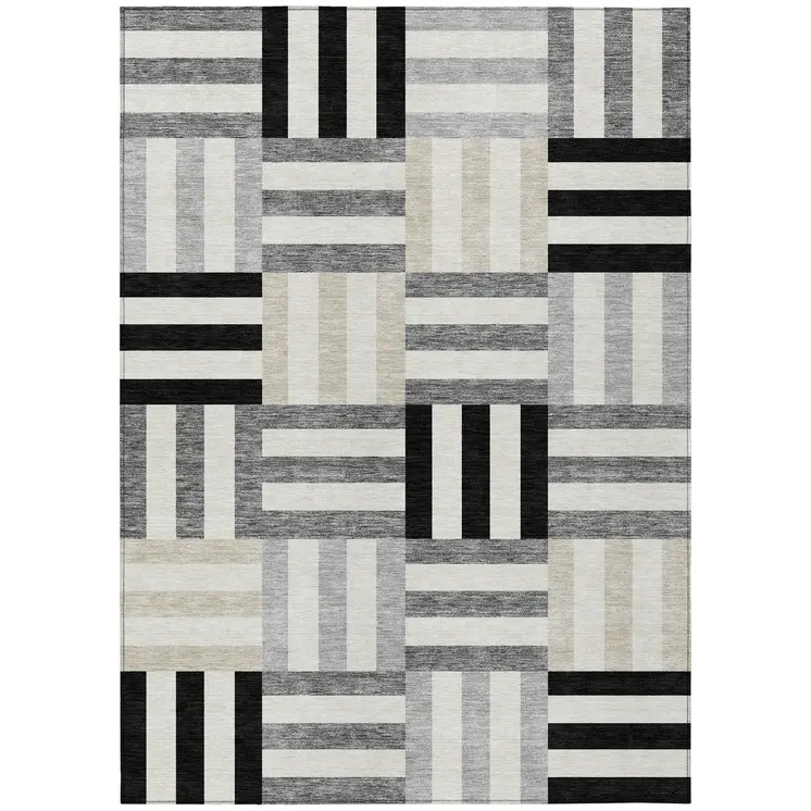 10' X 14' Black Beige And Ivory Geometric Washable Indoor Outdoor Area Rug