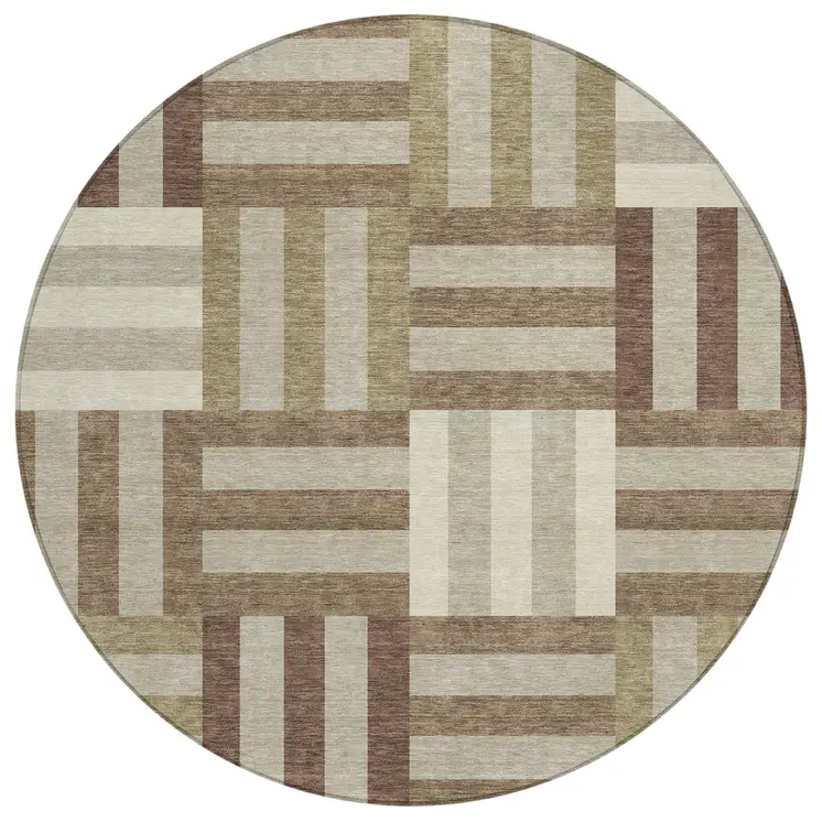 8' Brown Beige And Ivory Round Geometric Washable Indoor Outdoor Area Rug