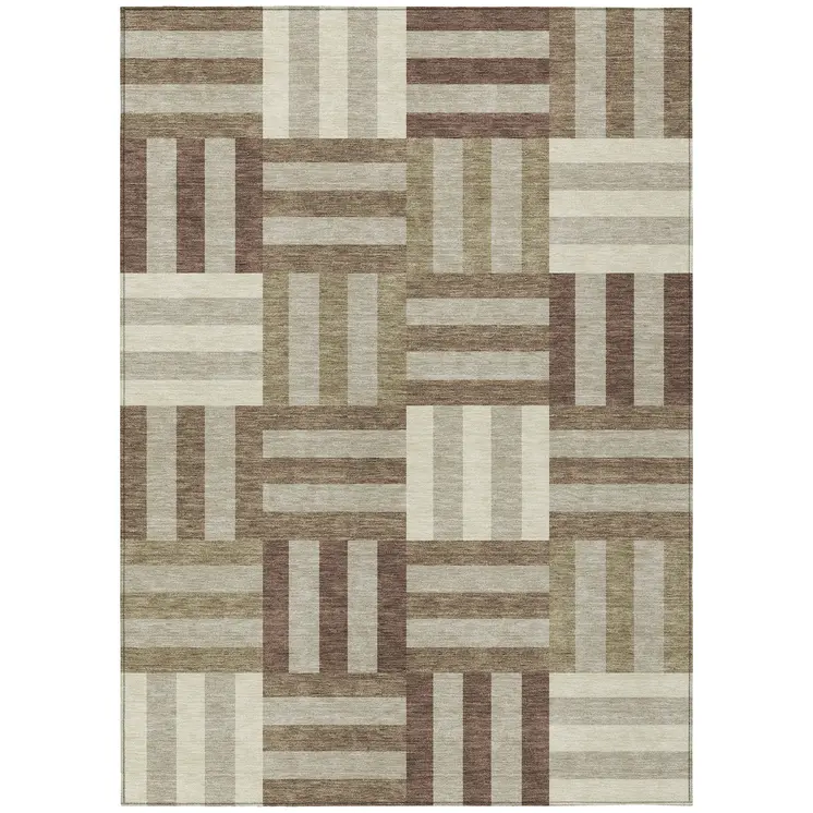 8' X 10' Brown Beige And Ivory Geometric Washable Indoor Outdoor Area Rug