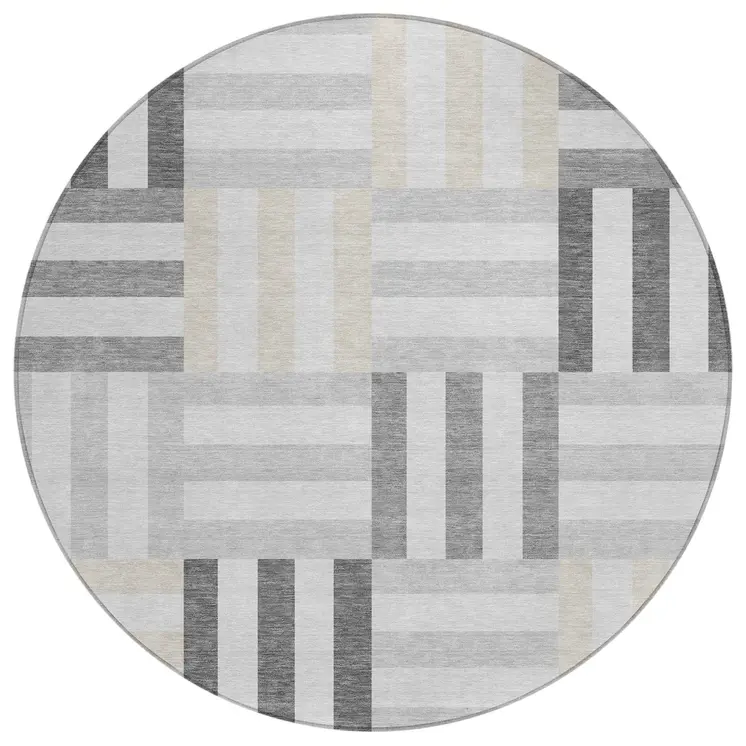8' Gray And Ivory Round Geometric Washable Indoor Outdoor Area Rug