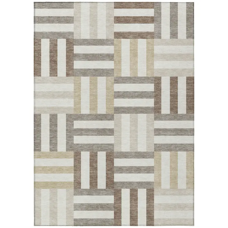 5' X 8' Ivory Gray And Brown Geometric Washable Indoor Outdoor Area Rug