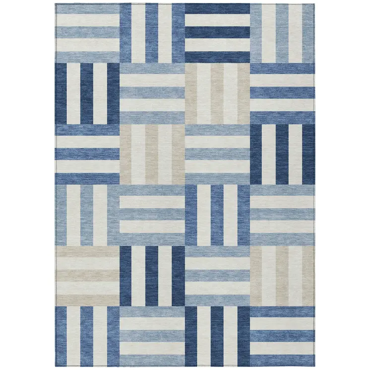 9' X 12' Navy Blue Ivory And Khaki Geometric Washable Indoor Outdoor Area Rug