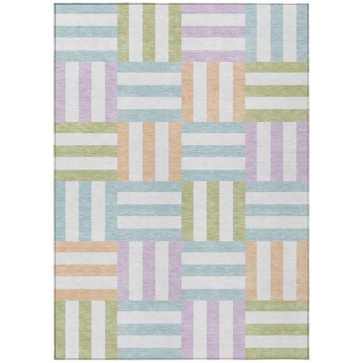 5' X 8' Pearl Blue And Lavender Geometric Washable Indoor Outdoor Area Rug