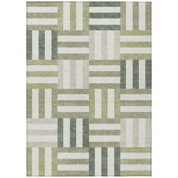 9' X 12' Sage Ivory And Taupe Geometric Washable Indoor Outdoor Area Rug