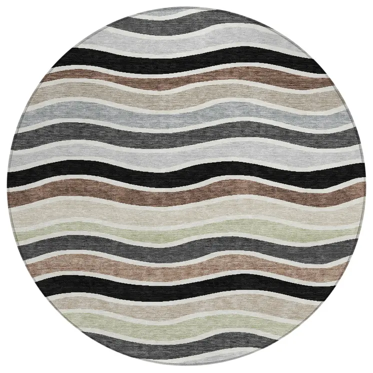 8' Black Pewter And Ivory Round Striped Washable Indoor Outdoor Area Rug