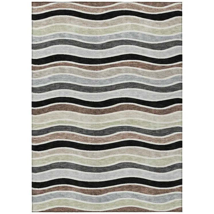 9' X 12' Black Pewter And Ivory Striped Washable Indoor Outdoor Area Rug