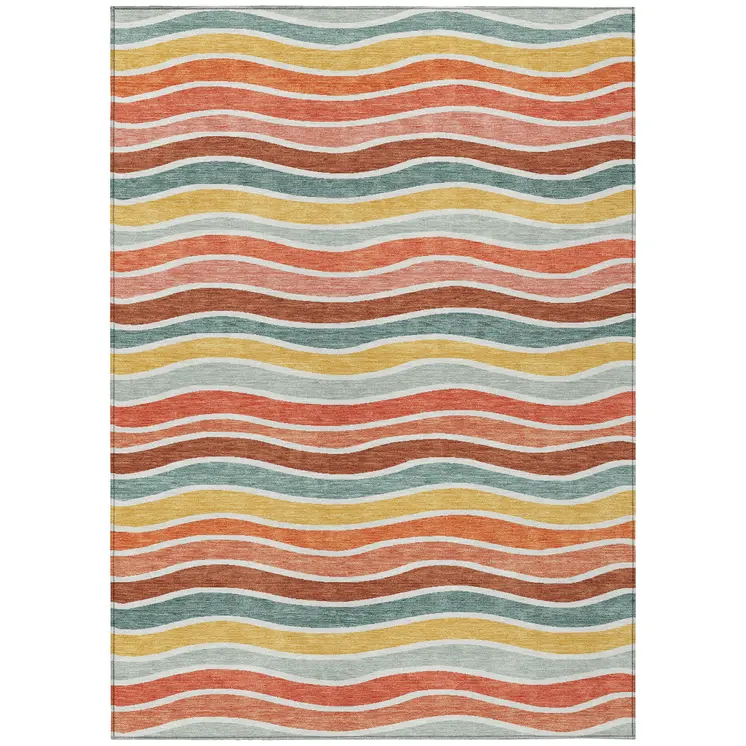 3' X 5' Coral Gold And Peach Striped Washable Indoor Outdoor Area Rug