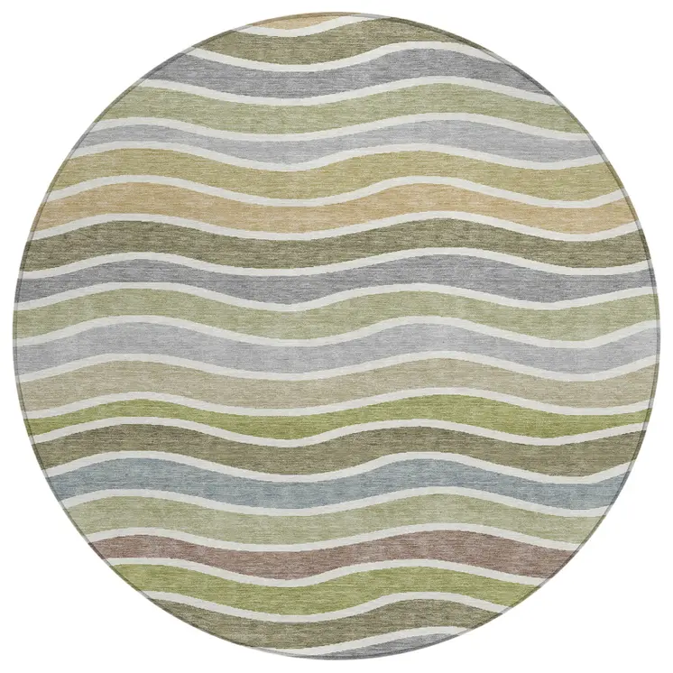 8' Fern Green Ivory And Wheat Round Striped Washable Indoor Outdoor Area Rug