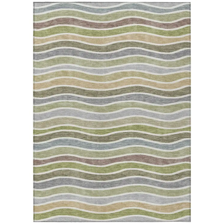 8' X 10' Fern Green Ivory And Wheat Striped Washable Indoor Outdoor Area Rug