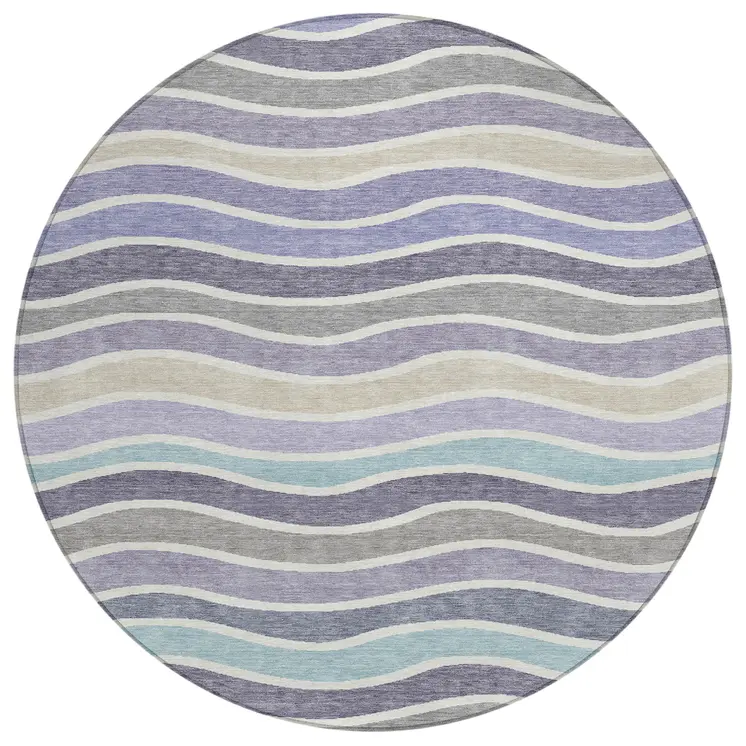 8' Lavender Tan And Ivory Round Striped Washable Indoor Outdoor Area Rug