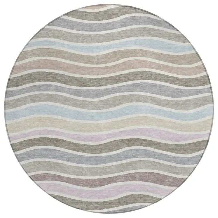 8' Tan Beige And Ivory Round Striped Washable Indoor Outdoor Area Rug
