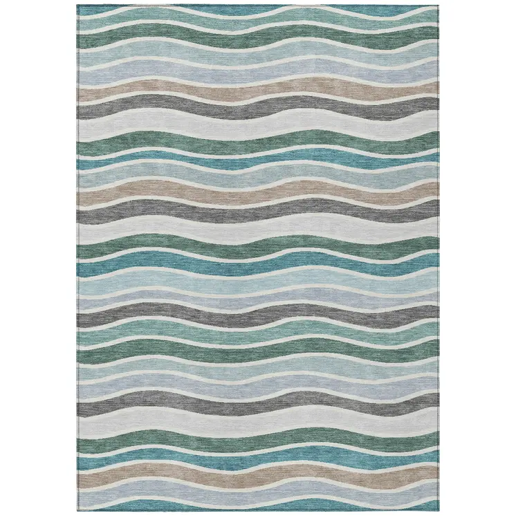 5' X 8' Teal Blue Khaki And Ivory Striped Washable Indoor Outdoor Area Rug