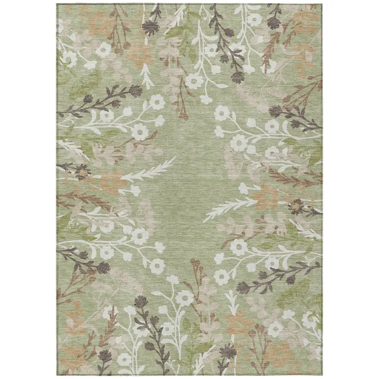 5' X 8' Artichoke Green Wheat And Ivory Floral Washable Indoor Outdoor Area Rug