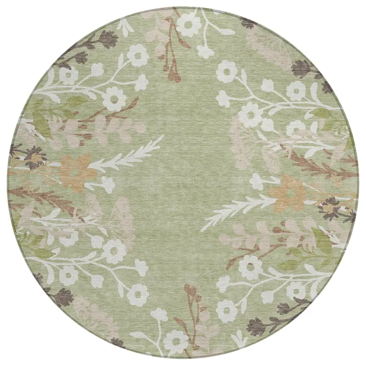 8' Artichoke Green Wheat And Ivory Round Floral Washable Indoor Outdoor Area Rug
