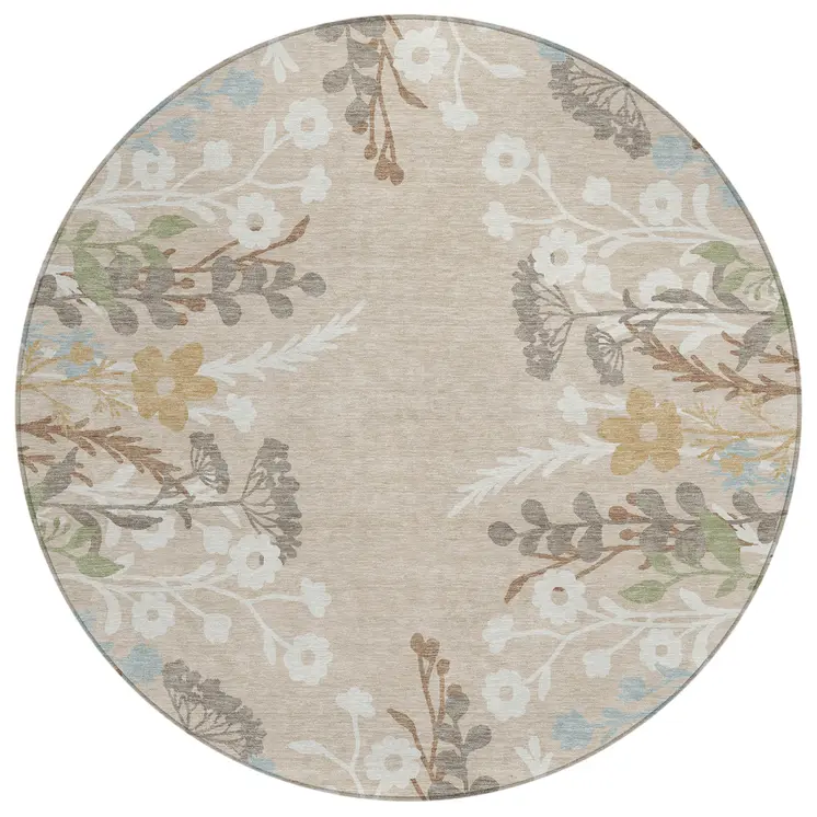 8' Beige Ivory And Blue Round Floral Washable Indoor Outdoor Area Rug