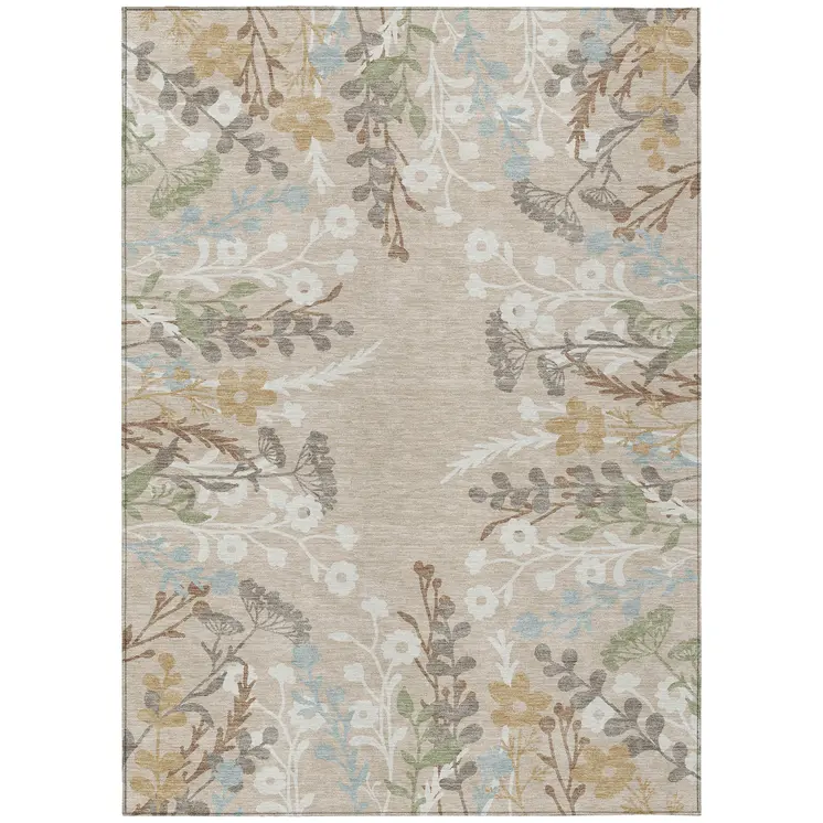 10' X 14' Beige Ivory And Blue Floral Washable Indoor Outdoor Area Rug