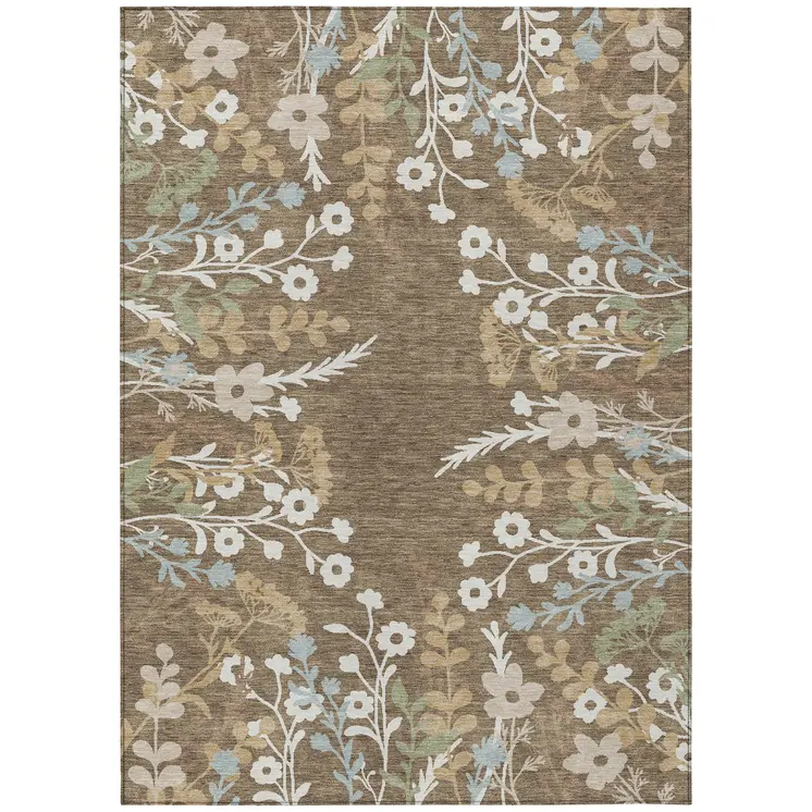 3' X 5' Chocolate Ivory And Blue Floral Washable Indoor Outdoor Area Rug