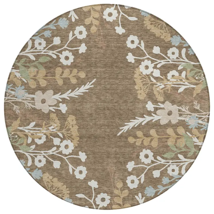 8' Chocolate Ivory And Blue Round Floral Washable Indoor Outdoor Area Rug
