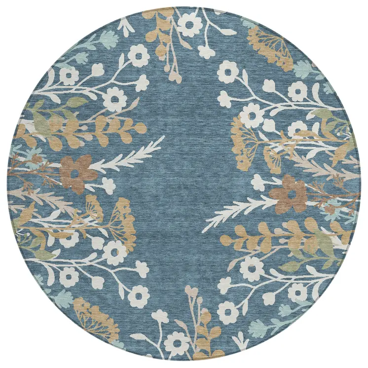 8' Denim Blue Brown And Beige Round Floral Washable Indoor Outdoor Area Rug