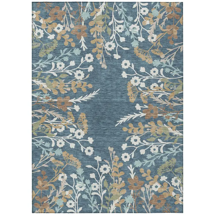 8' X 10' Denim Blue Brown And Beige Floral Washable Indoor Outdoor Area Rug