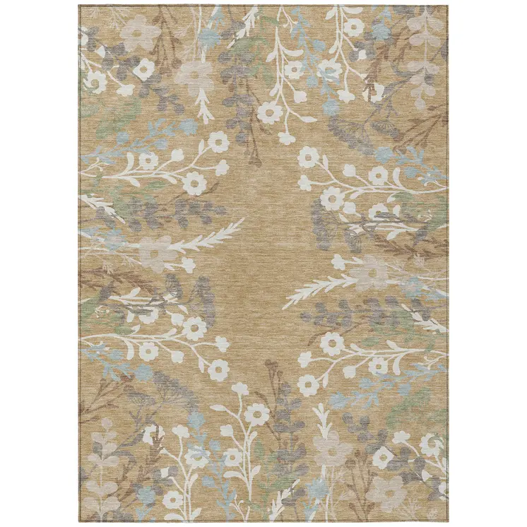 5' X 8' Gold Gray And Ivory Floral Washable Indoor Outdoor Area Rug