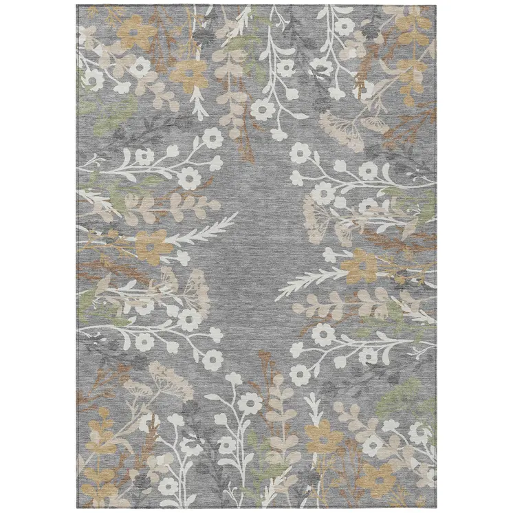 10' X 14' Gray Ivory And Beige Floral Washable Indoor Outdoor Area Rug