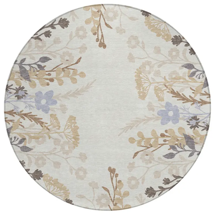 8' Ivory Khaki And Gray Round Floral Washable Indoor Outdoor Area Rug