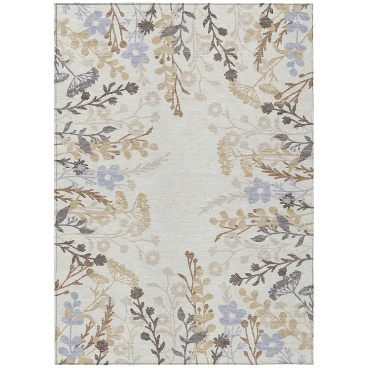 10' X 14' Ivory Khaki And Gray Floral Washable Indoor Outdoor Area Rug