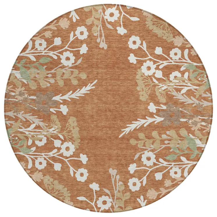 8' Chili Red Ivory And Green Round Floral Washable Indoor Outdoor Area Rug
