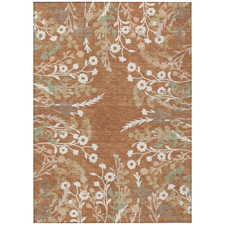 9' X 12' Chili Red Ivory And Green Floral Washable Indoor Outdoor Area Rug