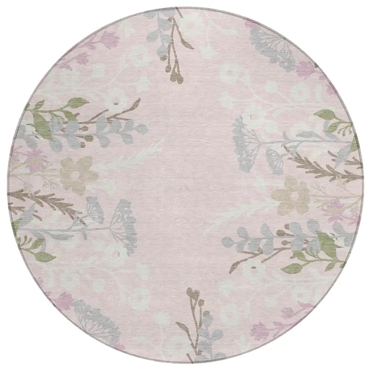 8' Pink Ivory And Gray Round Floral Washable Indoor Outdoor Area Rug