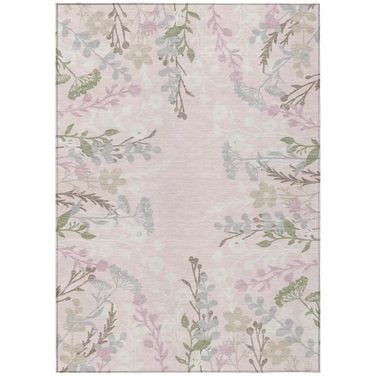 9' X 12' Pink Ivory And Gray Floral Washable Indoor Outdoor Area Rug