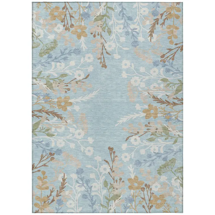 3' X 5' Sky Blue Ivory And Brown Floral Washable Indoor Outdoor Area Rug