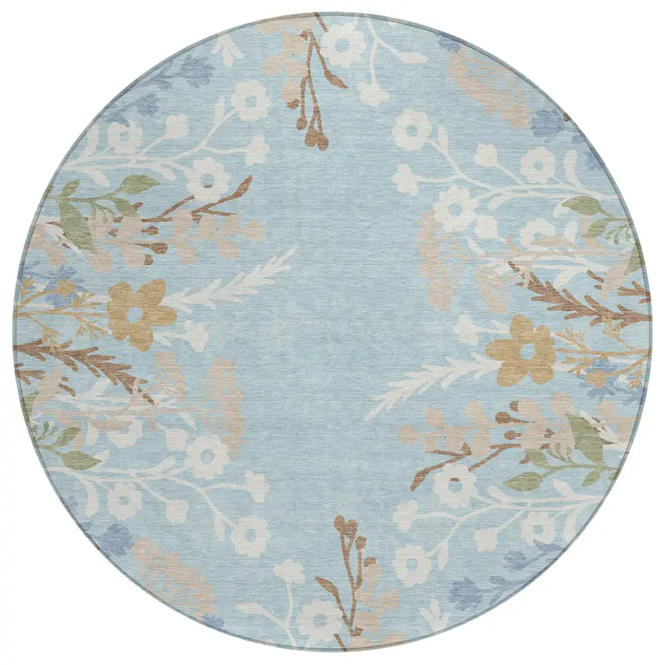 8' Sky Blue Ivory And Brown Round Floral Washable Indoor Outdoor Area Rug