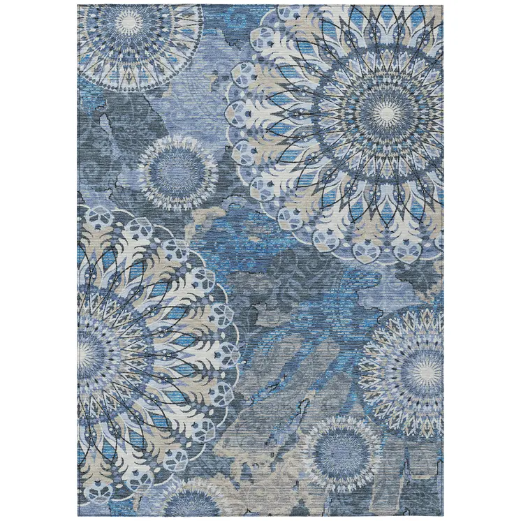 8' X 10' Blue Ivory And Beige Paisley Washable Indoor Outdoor Area Rug