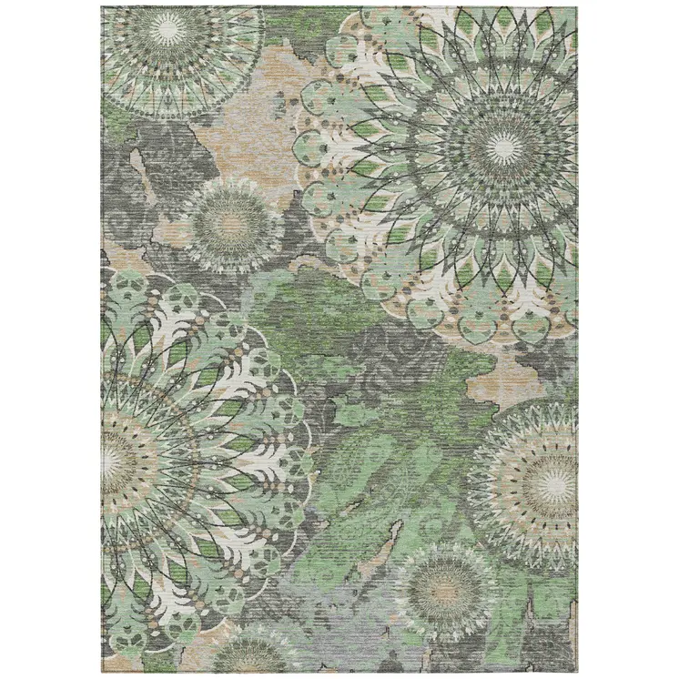3' X 5' Green Ivory And Gold Paisley Washable Indoor Outdoor Area Rug