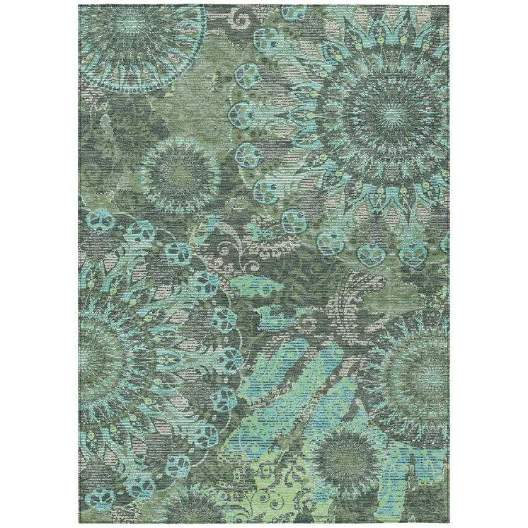 5' X 8' Olive Green Blue And Gray Paisley Washable Indoor Outdoor Area Rug
